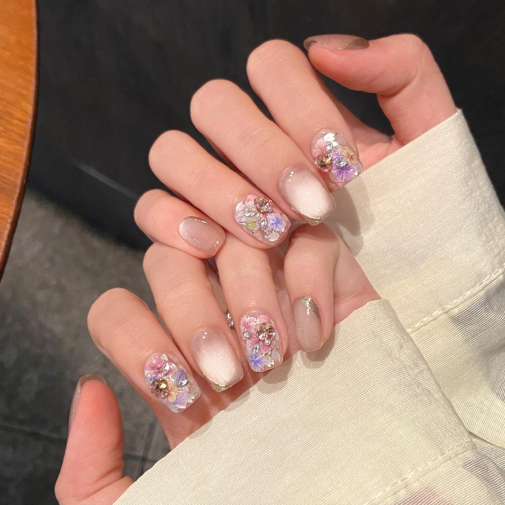 10Pcs Medium French Cat Eye Short Square Press On Nails With Glitter Diamonds Ballet Fake Nails For Manicure