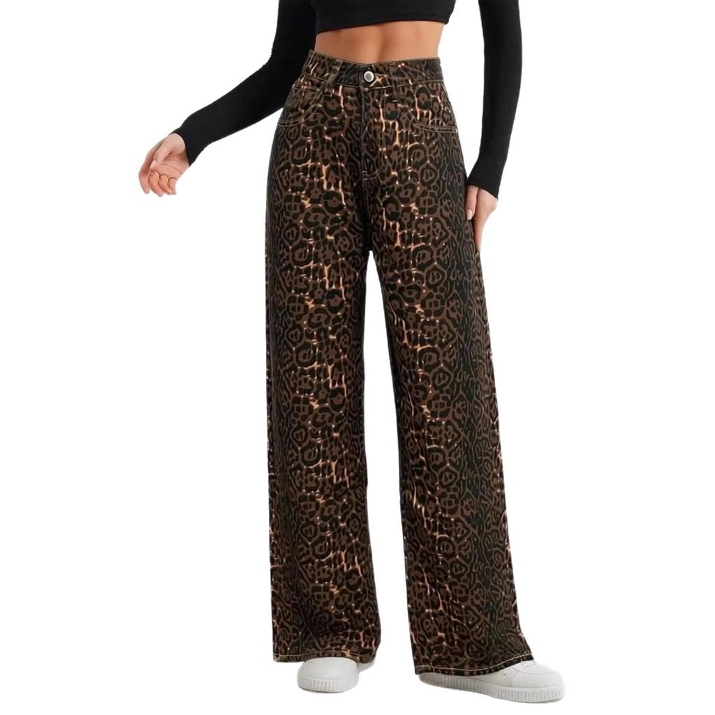 European and American wide-leg straight leopard print personalized fashion design sense women's jeans