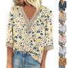 Women's Lace Trim Print V Neck Tops Casual Loose Blouse 3/4 Sleeve Shirt Tee