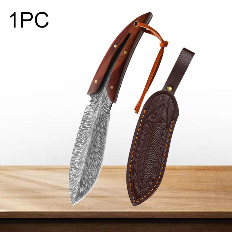 Pocket Knife Professional Kitchen Knives Stainless Steel Boning Butcher Knife with Sheath Feather Pattern Forged Meat Cleaver