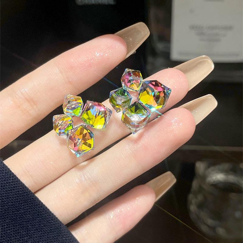 S925 Sterling Silver Colorful Crystal Square Stud Earrings, 2023 Trendy High-End Elegant Jewelry