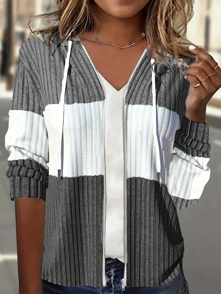 Colorblock Zip-up Hoodie-Jacke, Lässige Langarm-Kordelzug-Rippstrickjacke für Frühling & Herbst, Damenbekleidung