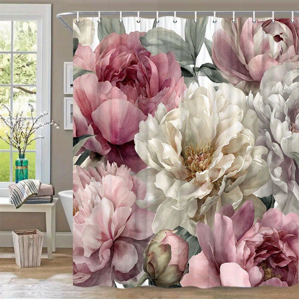 

1Pc Romantic Peonies Bath Curtain - Elegant Floral Design With Velvet-Textured Petals In Pink, White & Lavender On Muted Green, W60H190(CM)-1 Pcs