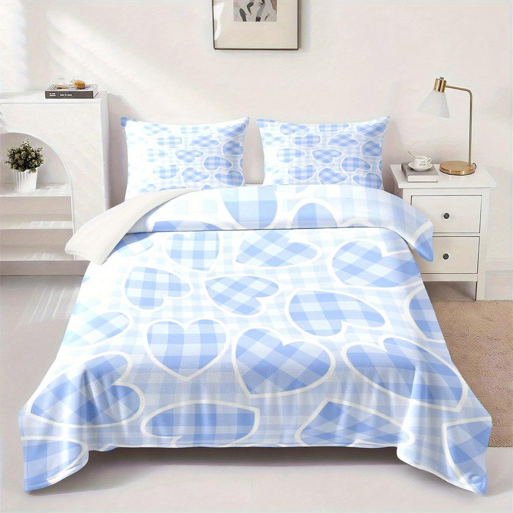 1 Stück Blaue Karo-Herz-Muster Flanelldecke - Weiche Ganzjahres-Kuscheldecke mit Hellblau-Weiß kariertem Design, Modern