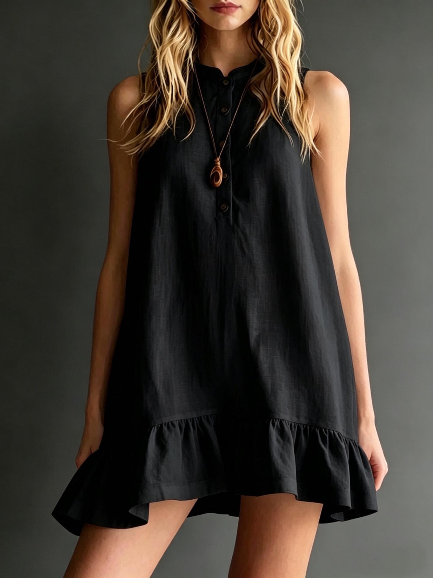 2026 European Cotton Linen Sleeveless Ruffle Dress with Stand Collar for Women - Spring/Summer Collection M