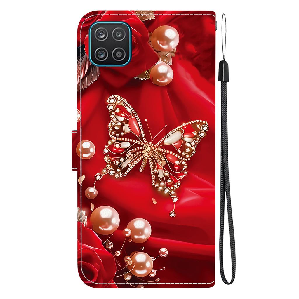 Handgefertigte PU-Leder-Flip-Hülle für Samsung Galaxy A12 5G Rutschfeste Stoßfeste Hülle mit Handschlaufe & Herz/Rose Katze Designs