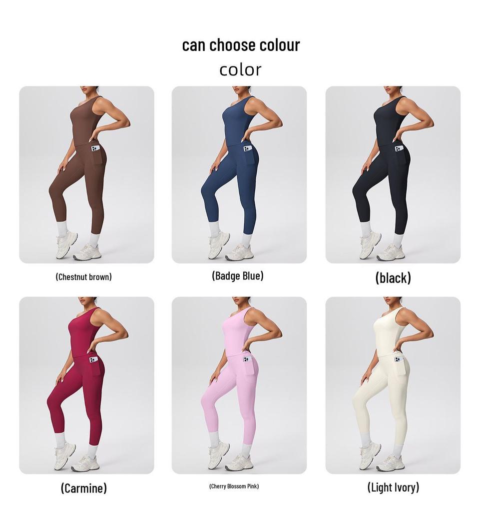 European & American Solid Color One-Shoulder Sports Vest & High-Waisted Pocket Yoga Pants Fitness Set for Women