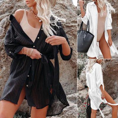 Copricostume da spiaggia chic nero stile camicia a maniche lunghe