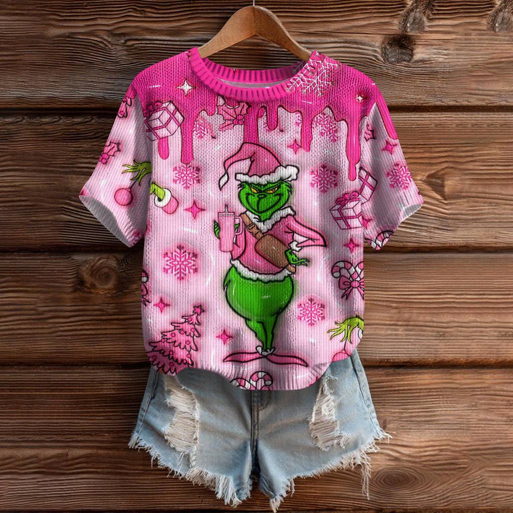 Women's Cute Sweater Knitted Fashion Casual Round-neck Short-sleeved  Cozy Print Top