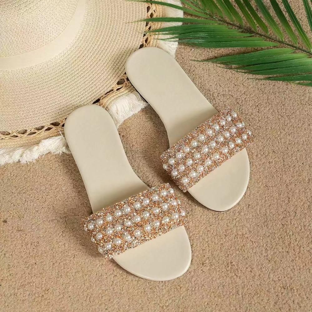 Fashion Summer New Large Size Flat Pearl Flip Flops Women Open Toe Sandals
