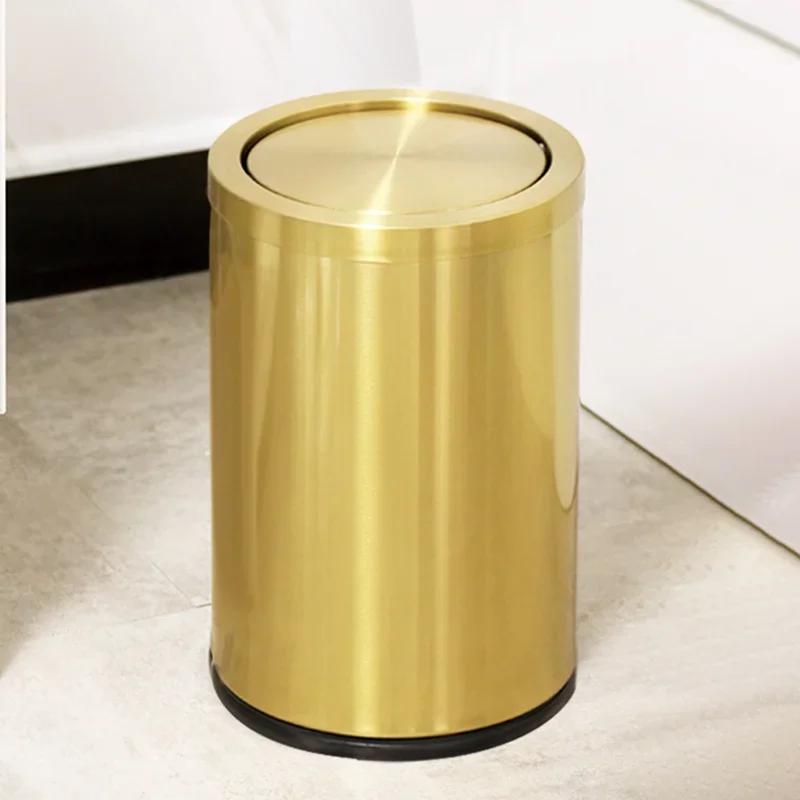 Stainless Steel Trash Can Shake Cover Home Bathroom Kitchen Living Room Flip Light Luxury with Gold Large