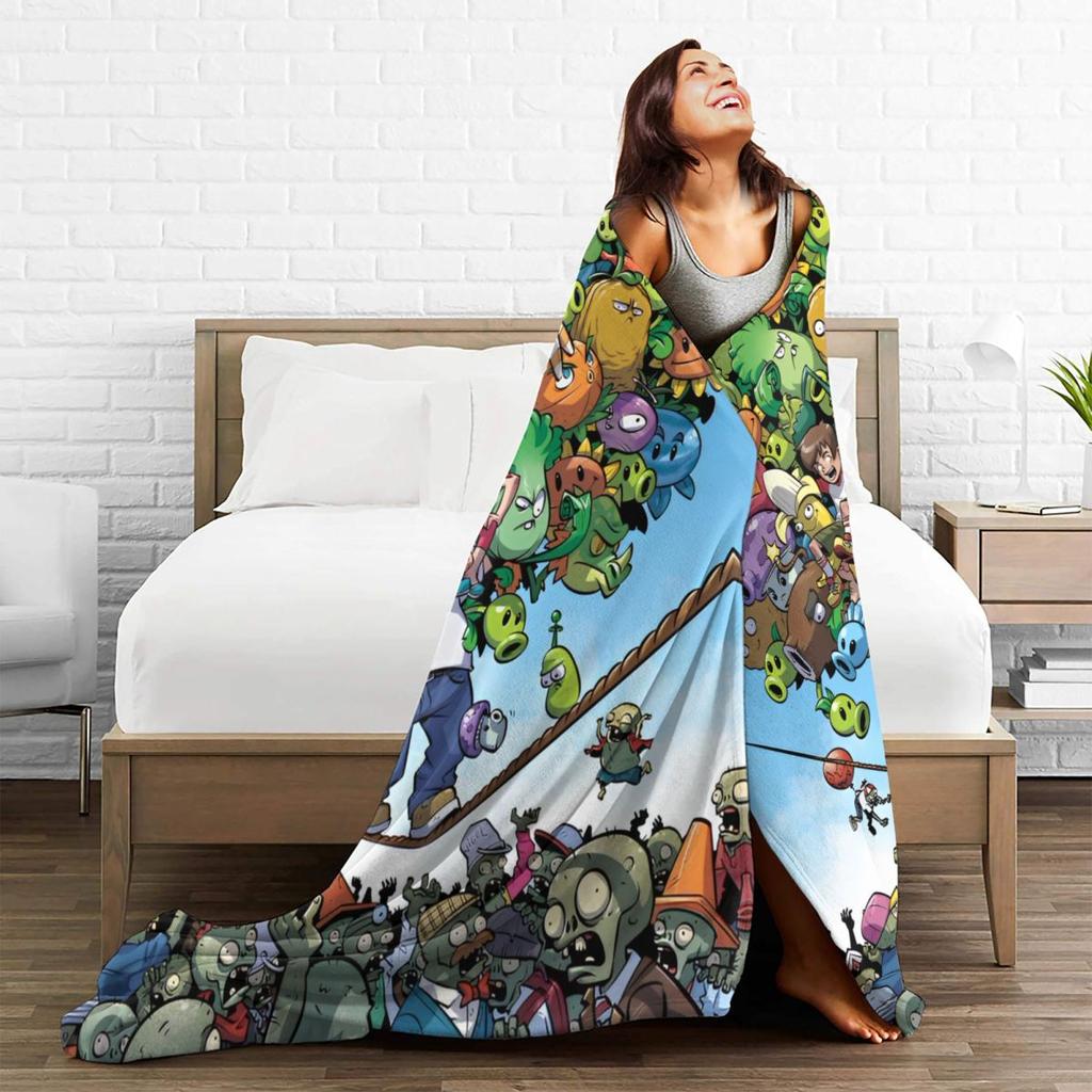 Game P-Plants-vs-Zombie Printed Blanket Warm Soft Fluffy Plush Bedding Throws For Home Decor Travel Flannel Bedspread Bed Cover