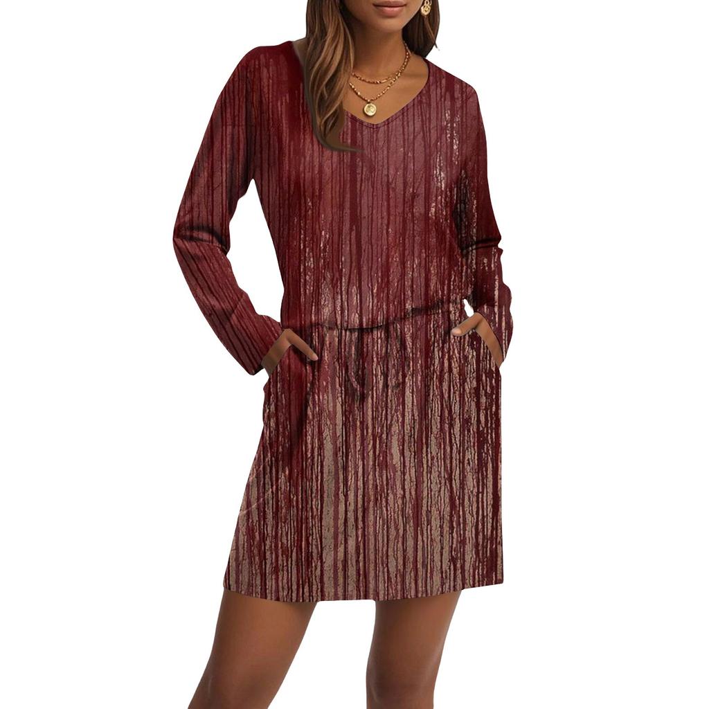 Women's Fashionable V-neck Long Sleeved Drawstring With Pocket Halloween Printed Casual Dress