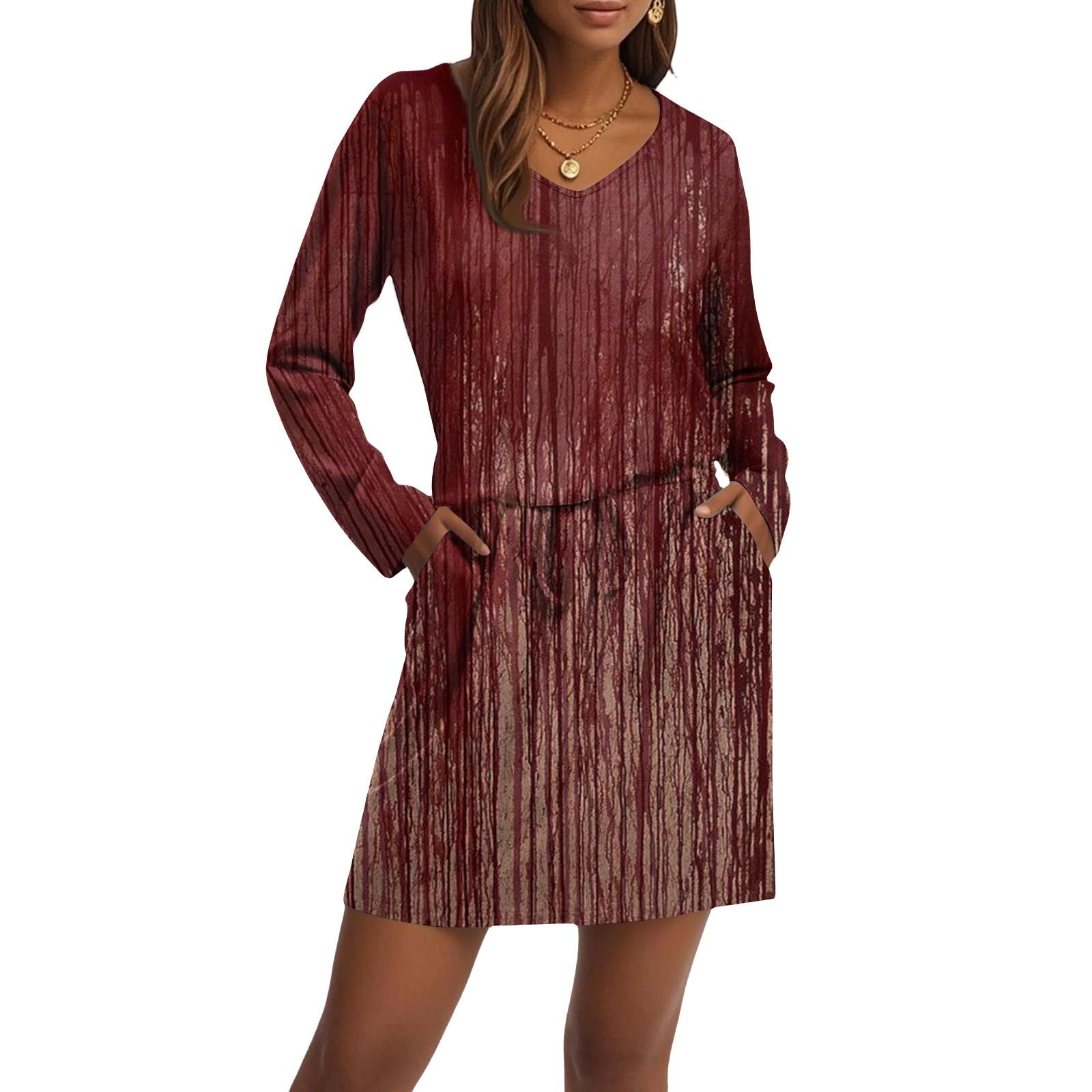 

Женское модное платье с V-образным вырезом, длинными рукавами, кулиской, карманом и принтом на Хэллоуин XL арбуз красный