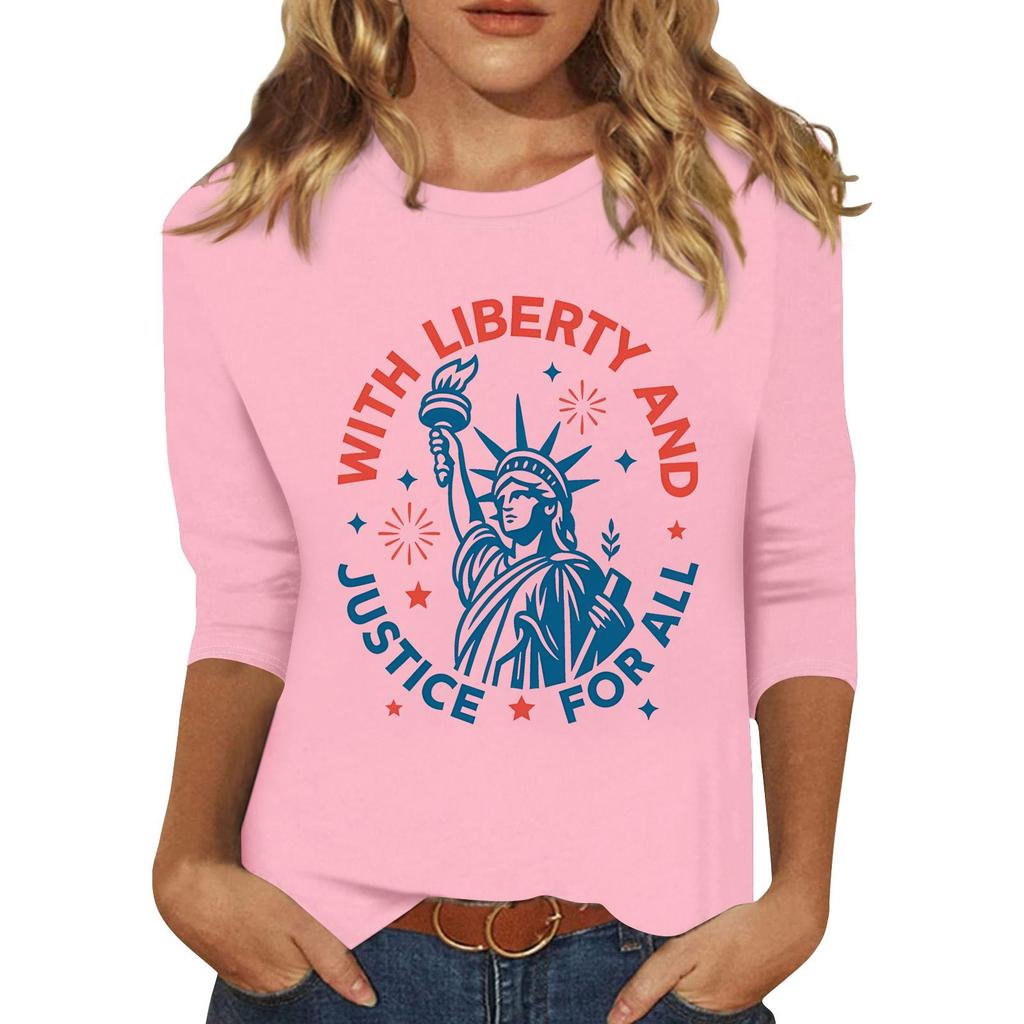 Women's Fashionable Casual Three-Quarter Sleeve 250th Anniversary Independence Day Print Neck Sweater