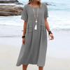 Summer Women's Elegant Long Cotton Dress Round Neck Vacation Loose Short Sleeve Midi Dresses