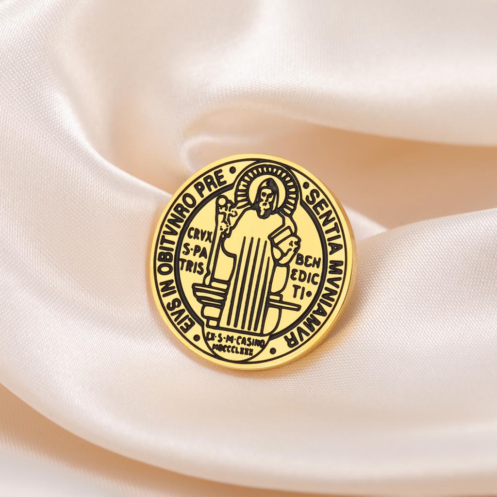 My Shape St.Benedict Medal Brooch for Women Men Stainless Steel Brooch Pin for Men Shirt Suit Decorate Badge Pin Jewelry Gifts