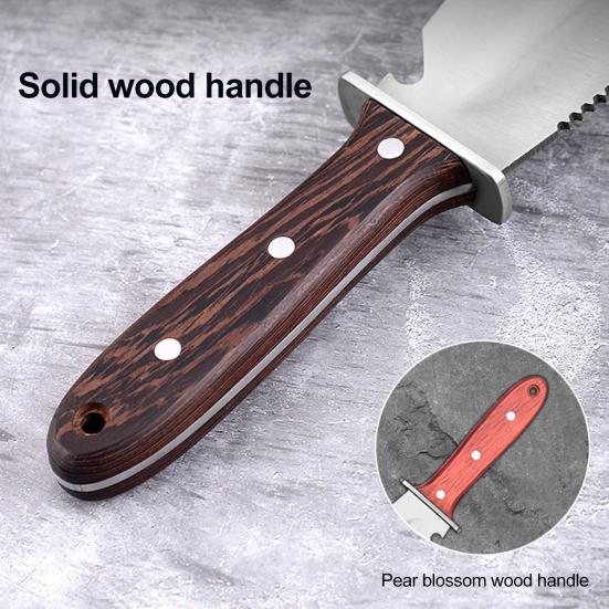 Zahradní lopatka 4 v 1 se zoubkovanou hranou Nerezový řezač s dřevěnou rukojetí Pochva Multifunkční lopatka pro sázení Řezání Kempování