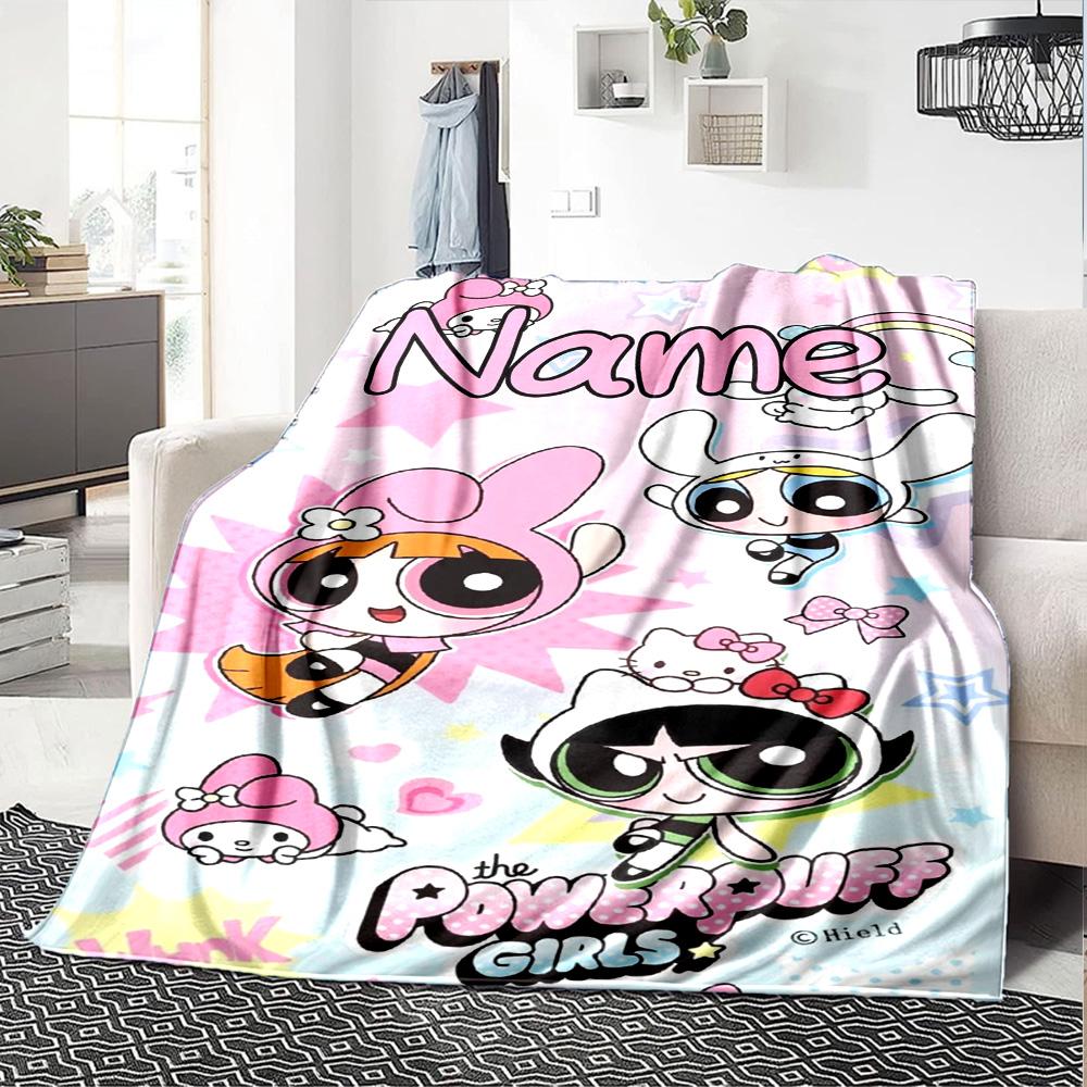Custom Name Powerpuff Girls Adventure Flannel Blanket for Super Soft Cute Comfort Blanket for Travel Bedding Couch Sofa Blanket