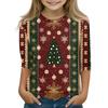 Christmas Day Print Tops For Youth Girls 5-16 Years Round Neck 3/4 Sleeves T-Shirts Trendy Tops Outfit Tees