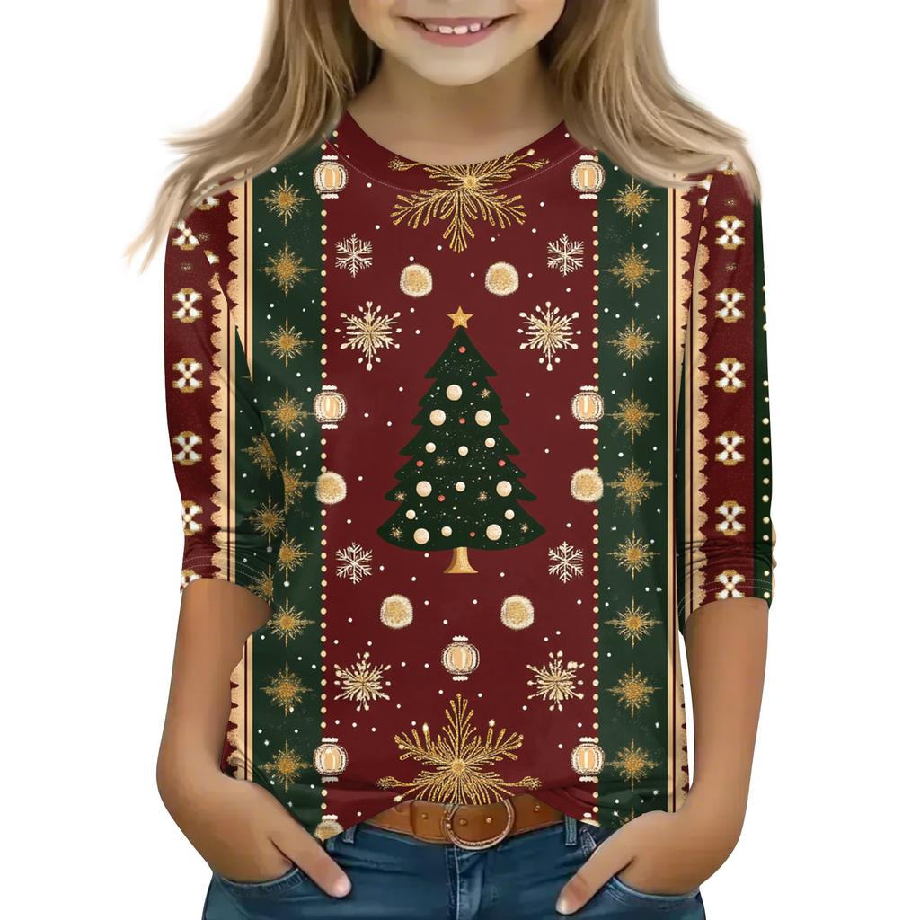 Christmas Day Print Tops For Youth Girls 5-16 Years Round Neck 3/4 Sleeves T-Shirts Trendy Tops Outfit Tees