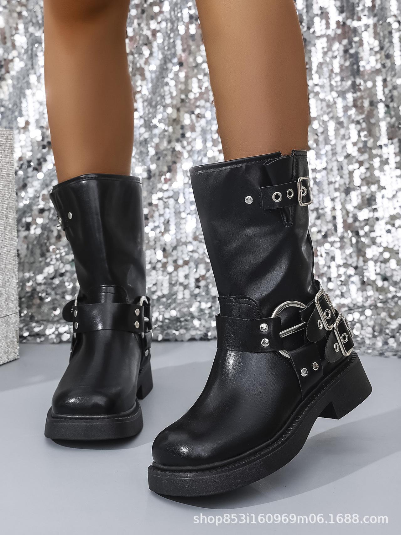 

Maillard short-heeled locomotive boots for women 2025 autumn retro thick-heeled short-heeled belt buckle tooling Martin boots for women 40 чорний