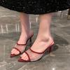 Fashion Summer New Style Pointy Open Toe Sequin Cloth High Heels Women's Fashion Set Foot Anti-slip Wear-resistant Slippers