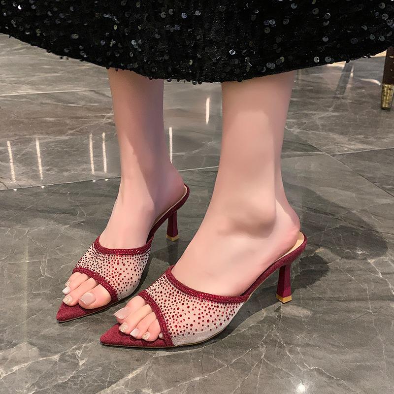 Fashion Summer New Style Pointy Open Toe Sequin Cloth High Heels Women's Fashion Set Foot Anti-slip Wear-resistant Slippers