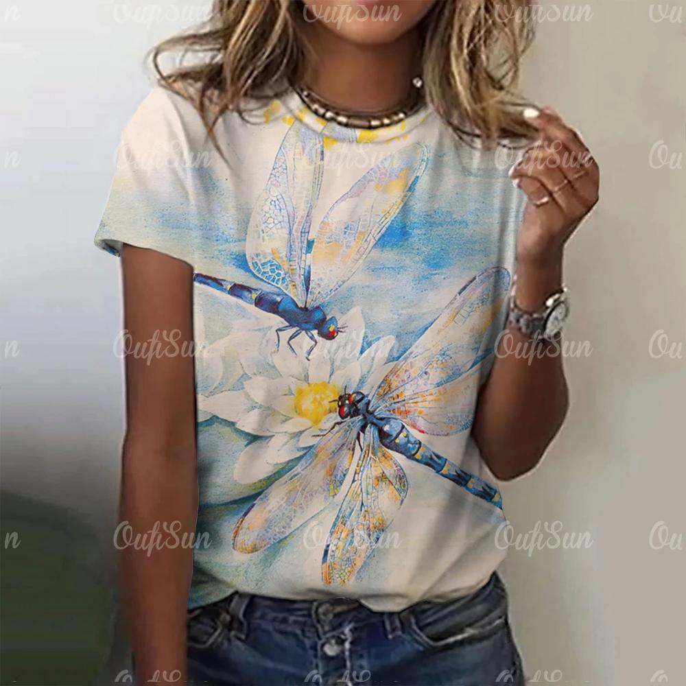 2024 Fashion Women's Short Sleeve Women's T-Shirt Dragonfly Print Fashion T-Shirt for Women Basic Casual Women's Oversized Top