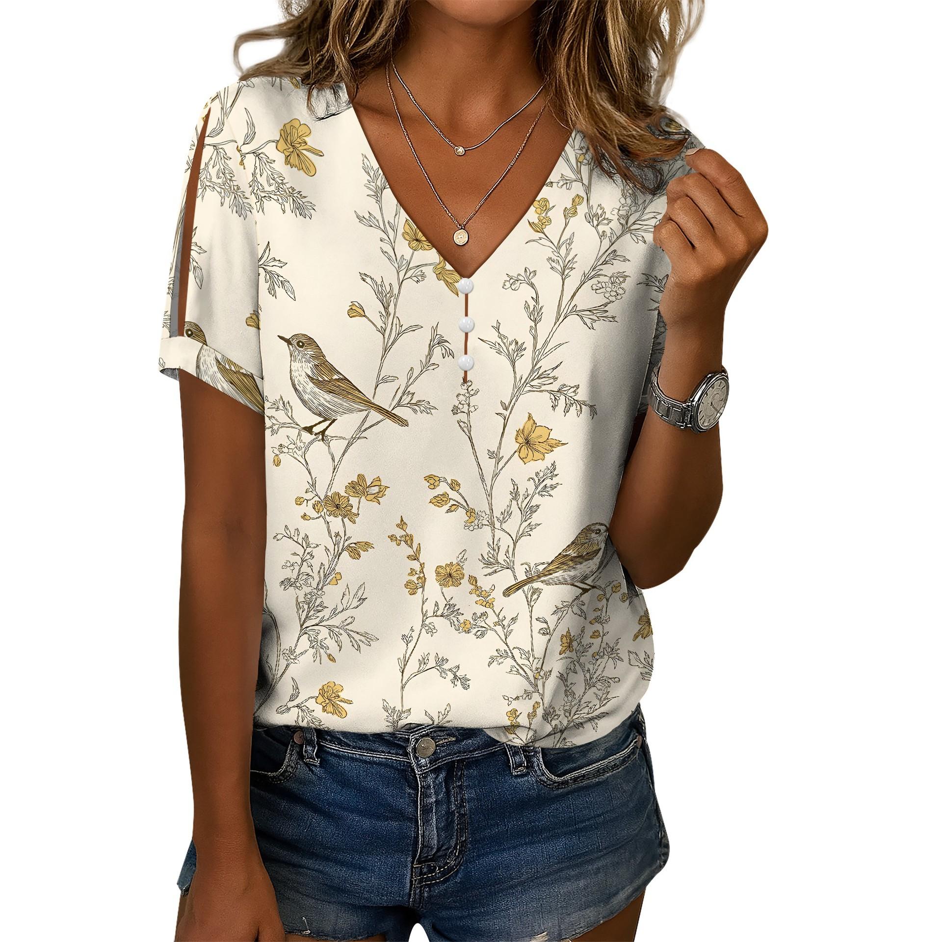 

Summer Women s Short Sleeved 3D Printed Urban Casual V-Neck T-shirt S