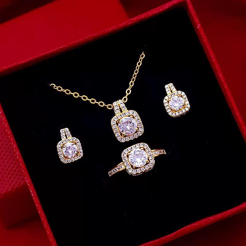 4Pcs/set Fashion Square Zircon Necklace Earrings Ring For Women Luxury Wedding Engagement Jewelry Shining Party Jewelry Gifts