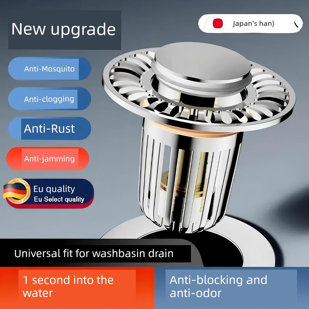Press-Type Drain Plug for Washbasin, Basin Pop-Up Core Filter, Anti-Clogging, Anti-Odor