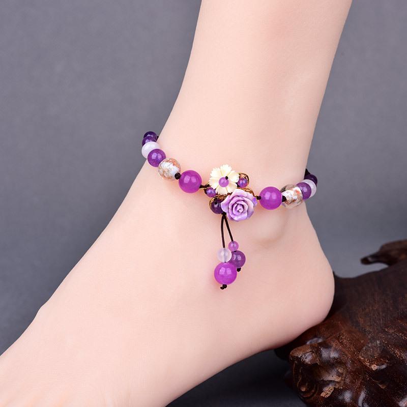 Summer Refreshing Purple Crystal Beads Adjustable Size Anklets Smooth Comfortable Golden Sand Coloured Glaze Jewelry On Foot