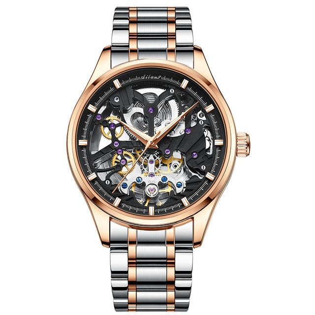 Skeleton Design Watches Rose Gold Case Male Automatic Mechanical Watch Stainless Steel Band Watch Relogio