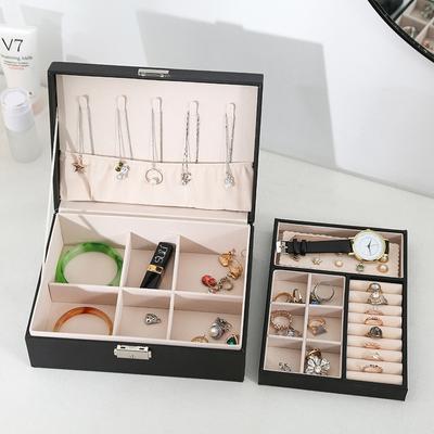 Pu Leather Jewelry Box Double-Layer Wooden Case Princess Display Holder Women Gift with Lock