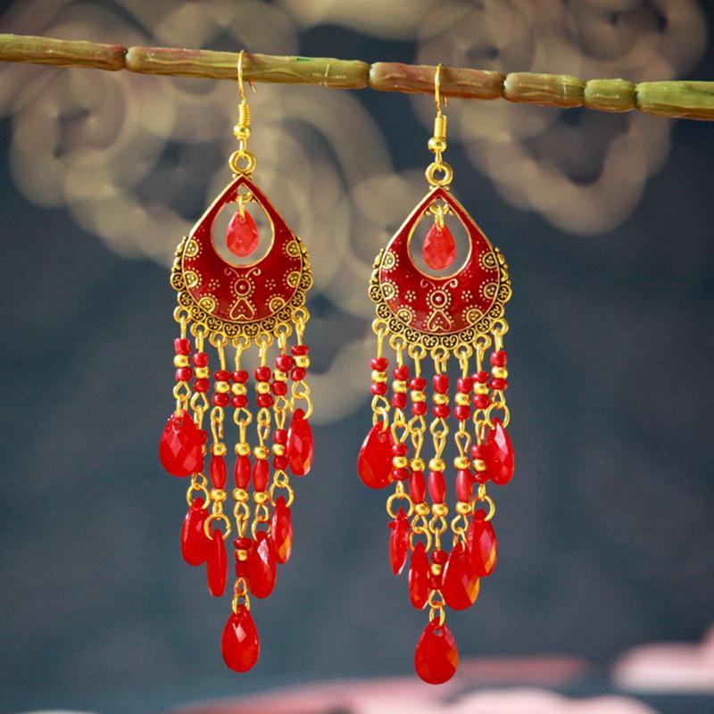 Ethnic Long Acrylic Water Drop Earrings for Women Retro Boho Gold Color Hollow Tassel Earrings Bijoux Femme Accessories