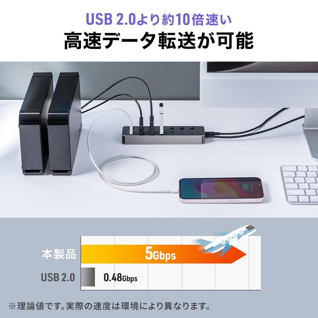 Sanwa Direct USB 7 Ports X 5 X USB Individual USB AC Adapter Hub, Type-C Connection, (2 USB-C / USB-A), Self-Powered Charger, Switches, 3.2/5Gbps,