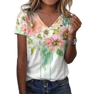 T-shirt con pittura floreale astratta da donna casual estiva, stampa grafica, scollo a V, top basic, moda, stampa 3d, abiti larghi oversize