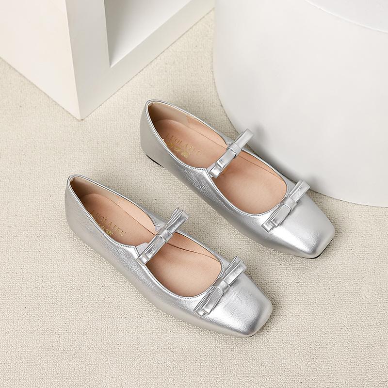 Fashion women double bowtie flats silver elastic ankle strap ballerina shoes zapatos planos mujer big size 44 comfy slip on loafes women