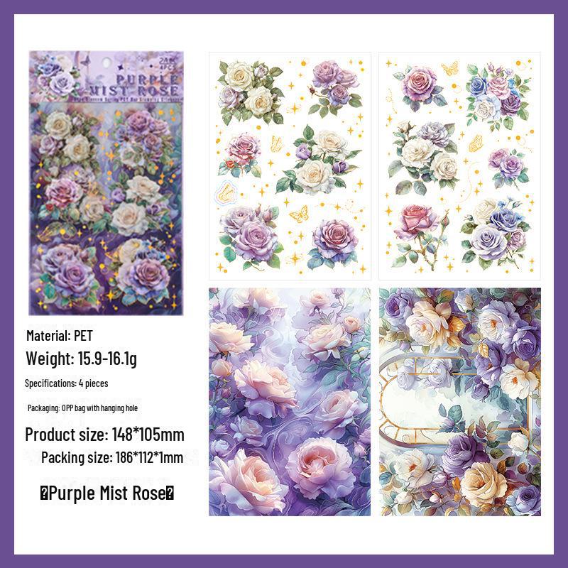 Voděodolné PET samolepky s ražbou růžového květu - sada 4 ks, retro květinová dekorace