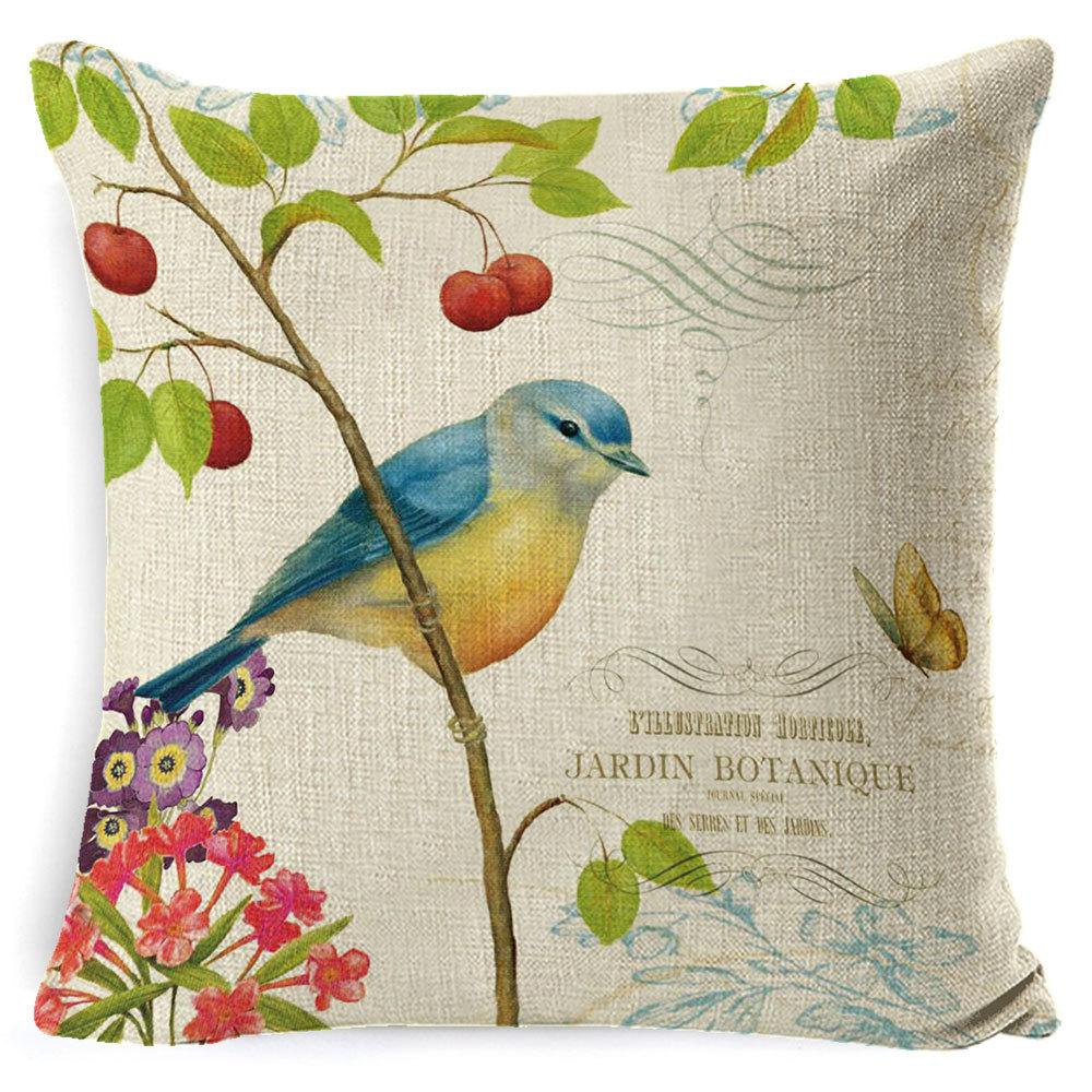 Village Style Rural Flower And Bird Sofa Pillow Cover Linen Spring Cushion Cover Car Waist Backrest Cover