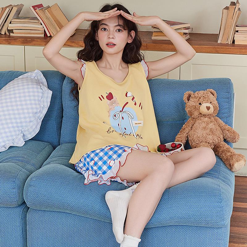 2026 Women's Summer Cotton Pajama Set with Built-in Bra, Cute Cartoon Tank Top & Shorts for Indoors and Outdoors