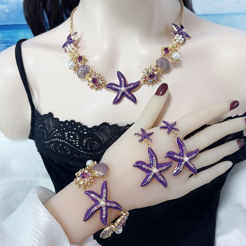 Island style beach starfish vacation four-piece set chain alloy diamond-encrusted bohemian shell jewelry