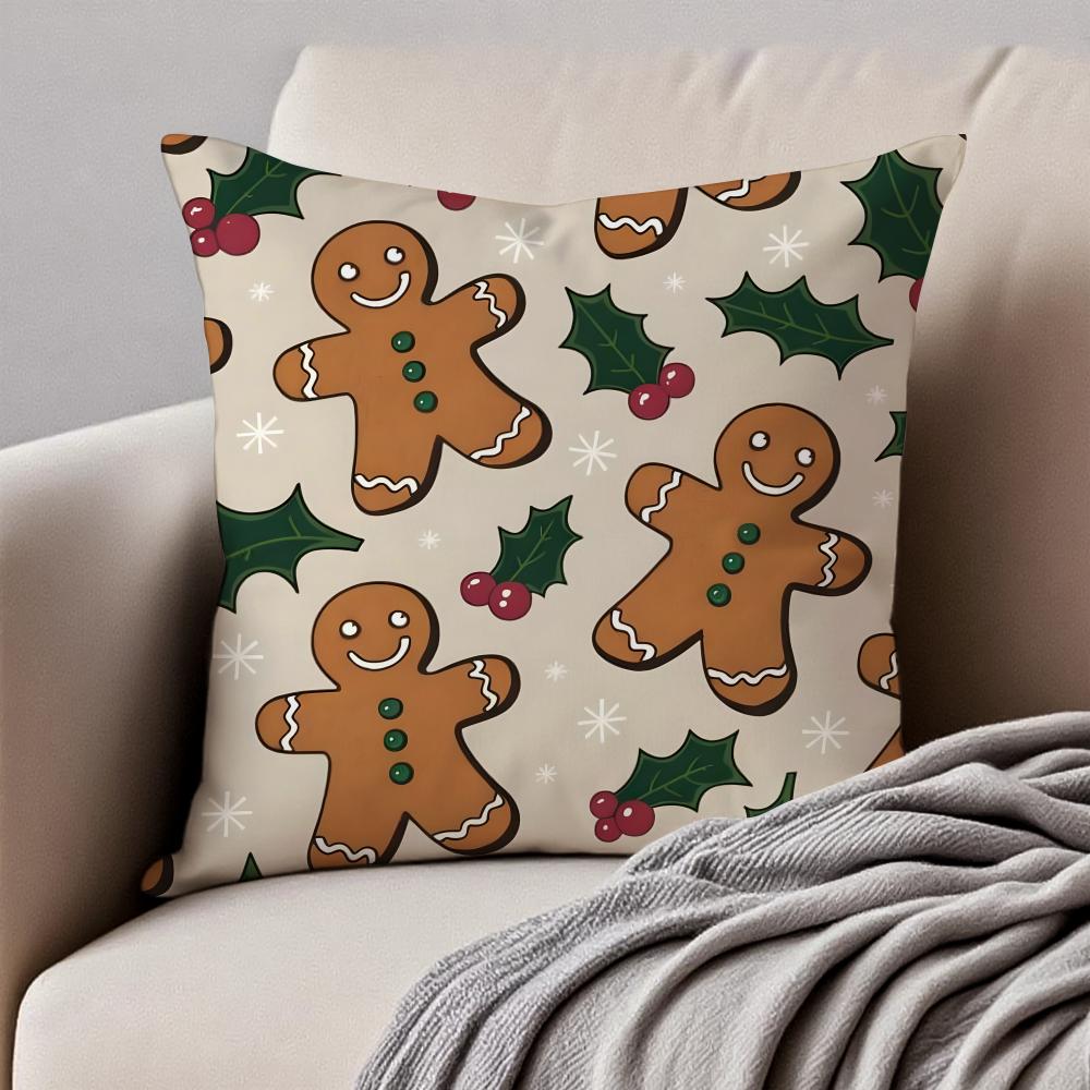 

Christmas Gingerbread Man Fun Holiday Cushion Cover Pillowcase Antidustmite Invisible Zipper Short Plush Sofa Cushion 30X30cm