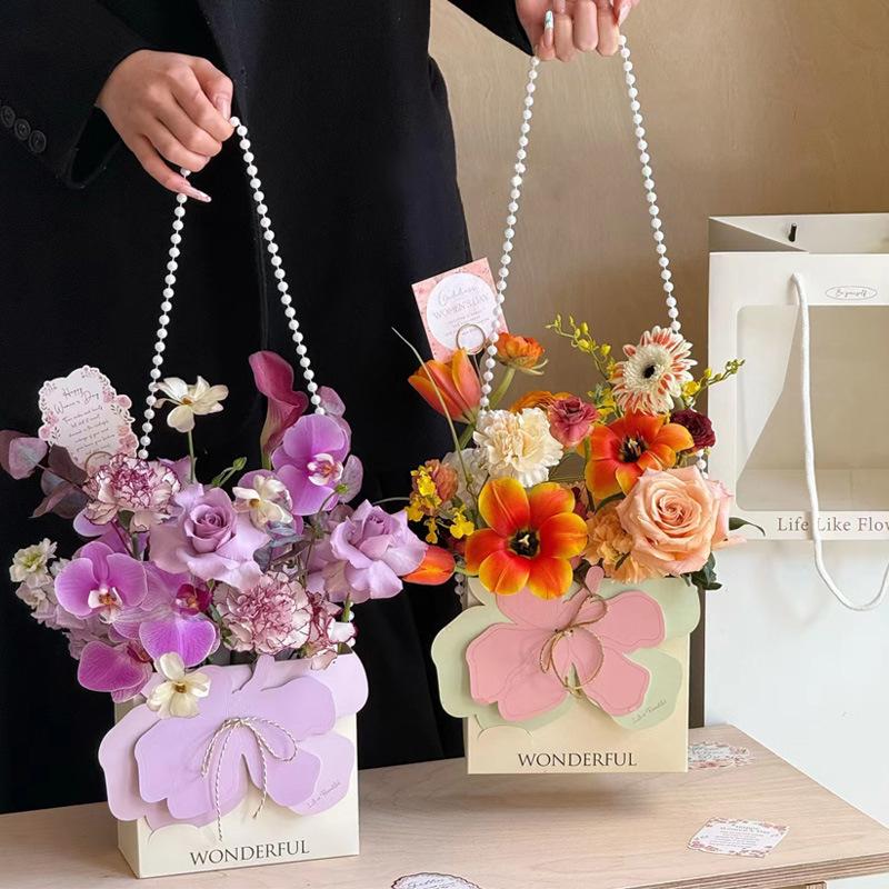 5Pcs Portable Flower Boxes Creative Pearl Chain Flower Arrangement Handbag Mother's Day Wedding Party Floral Wrapping Supplies