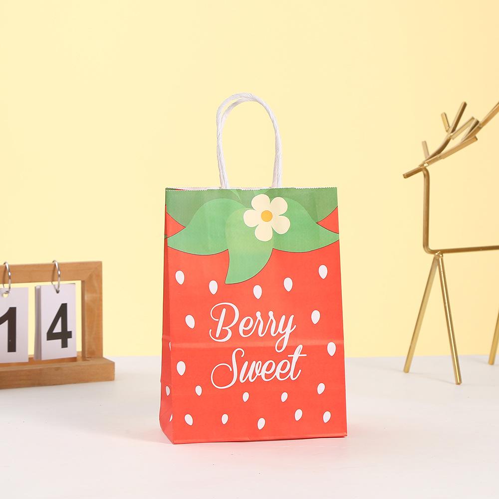 StoBag, Strawberry Kraft Paper Gift Bag, Fruit pattern, for Packaging Candy Snack, Baby Shower, birthday Supplies, Reusable