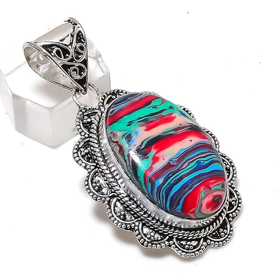 Natural Rainbow Calsilica 925 Sterling Silver Jewelry Pendant 2.09" ETC-14675
