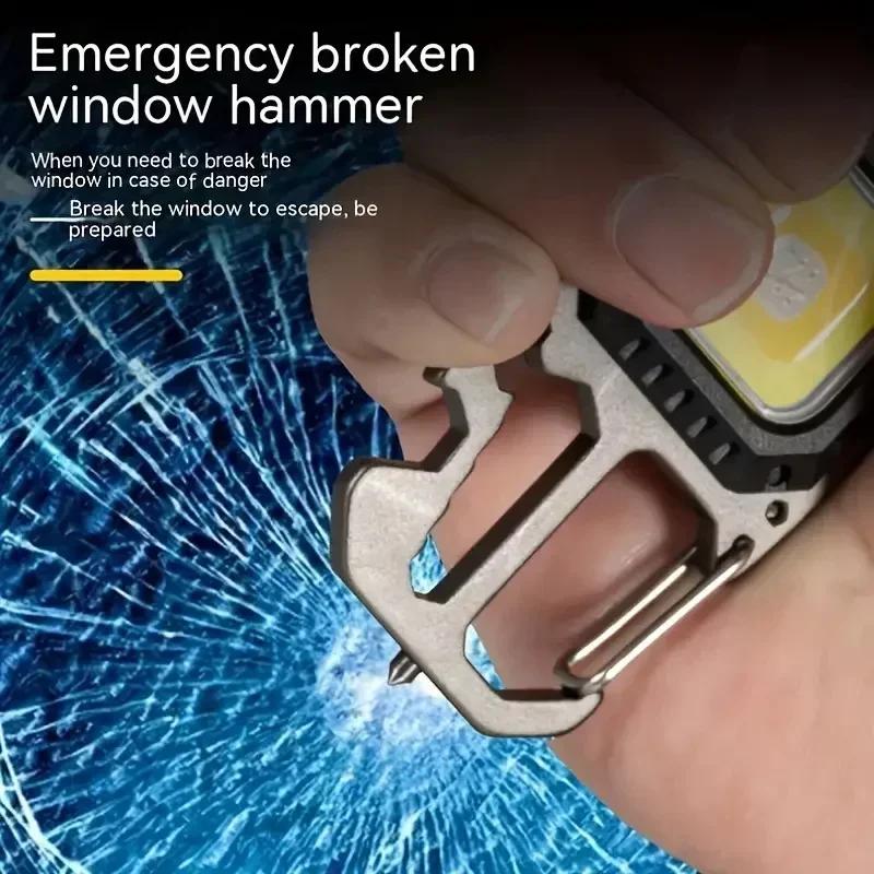 Mini Rechargeable Keychain Flashlight with COB LED Multifunctional Work Light, Bottle Opener, Window Breaker for Outdoor, Emergency, Camping