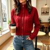 Women's Color Cable Knit Cardigan with Zipper Stand Collar, Slim Fit Short Length for Daily Wear