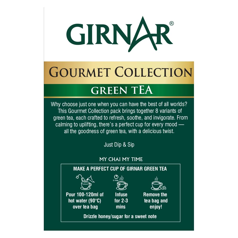 Girnar Zelený čaj Gourmet Collection Balení 1 ks (25 čajových sáčků) Přírodní příchutě bez kofeinu pro relaxační wellness